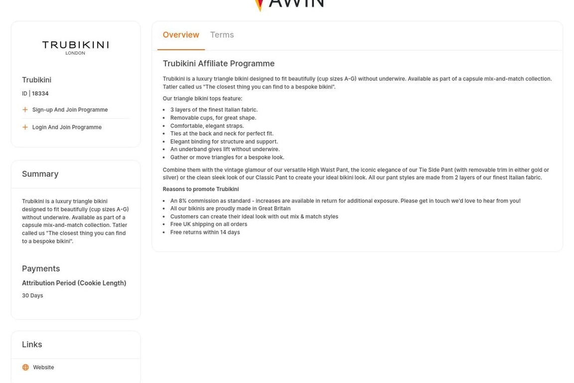 Trubikini affiliate program signup page