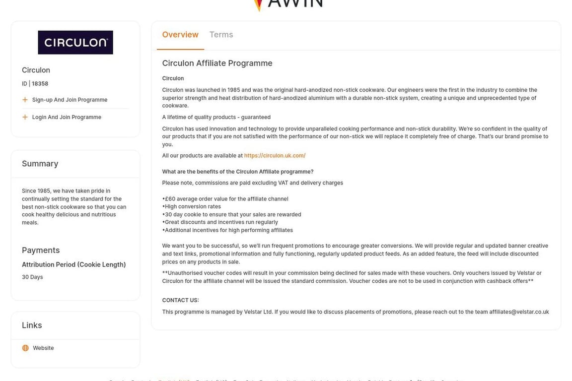 Circulon.com UK affiliate program signup page