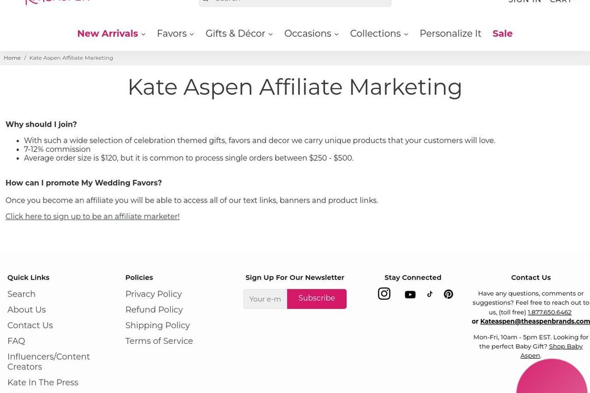 Kate Aspen affiliate program signup page