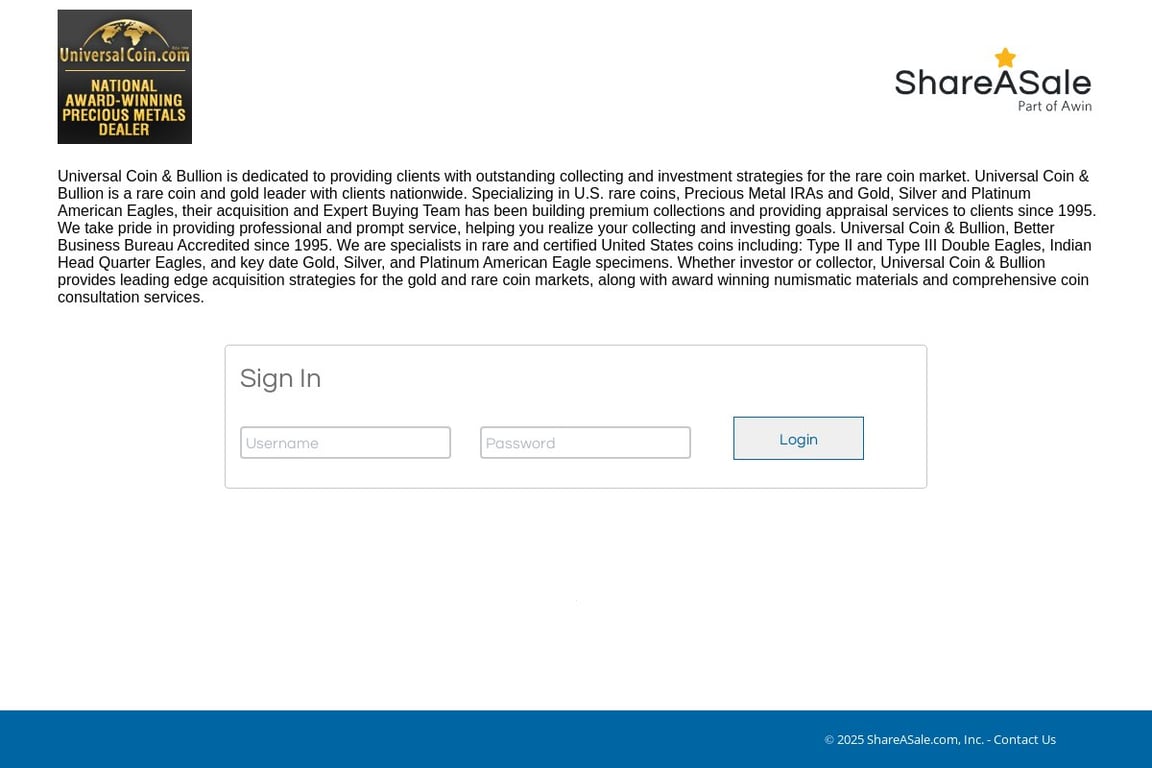 Universal Coin and Bullion affiliate program signup page
