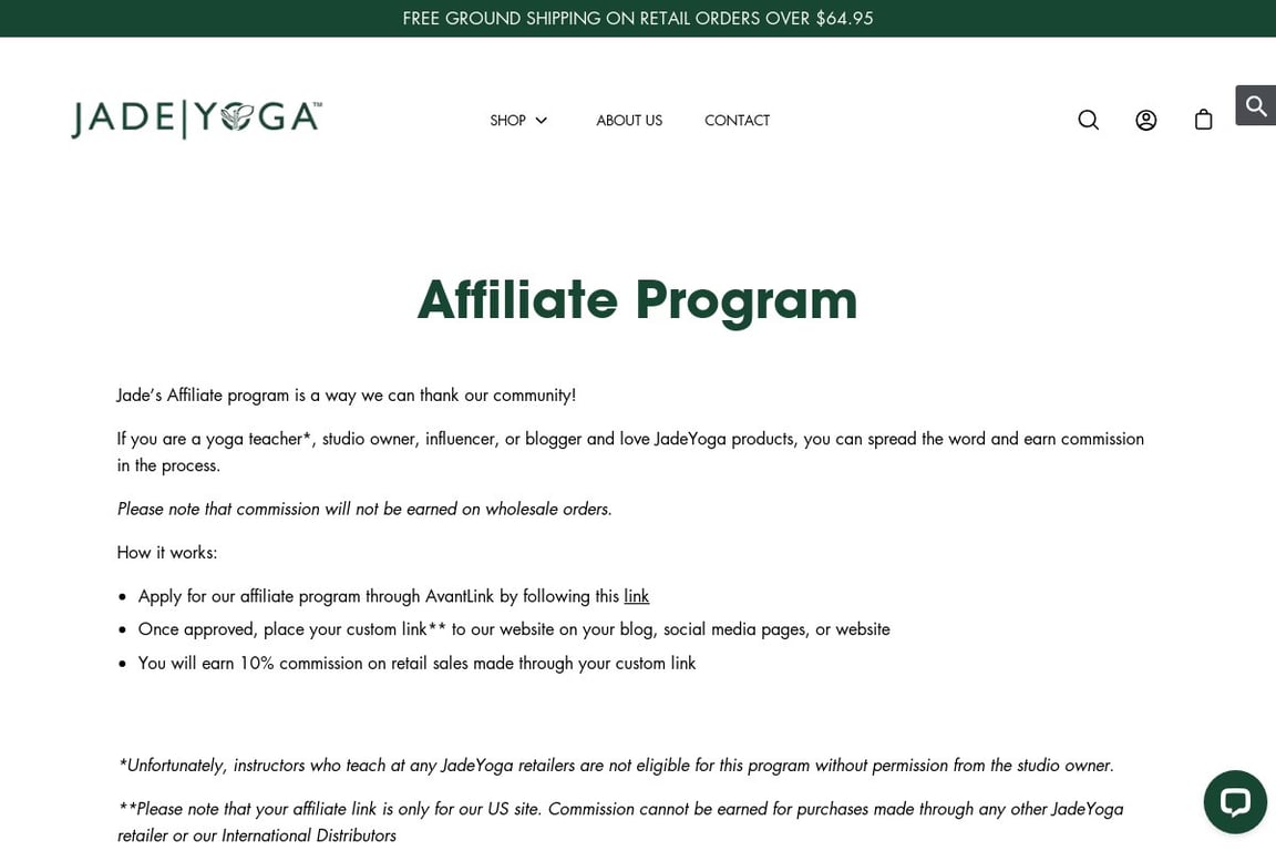 Jade Yoga affiliate program signup page