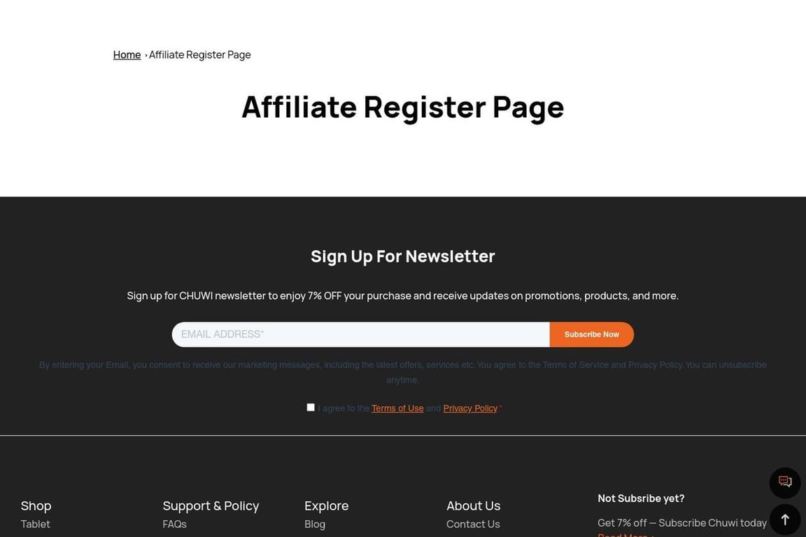 CHUWI affiliate program signup page