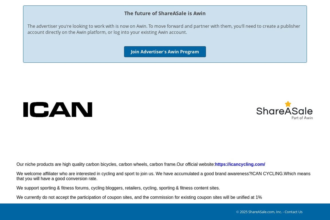 ICAN Cycling affiliate program signup page