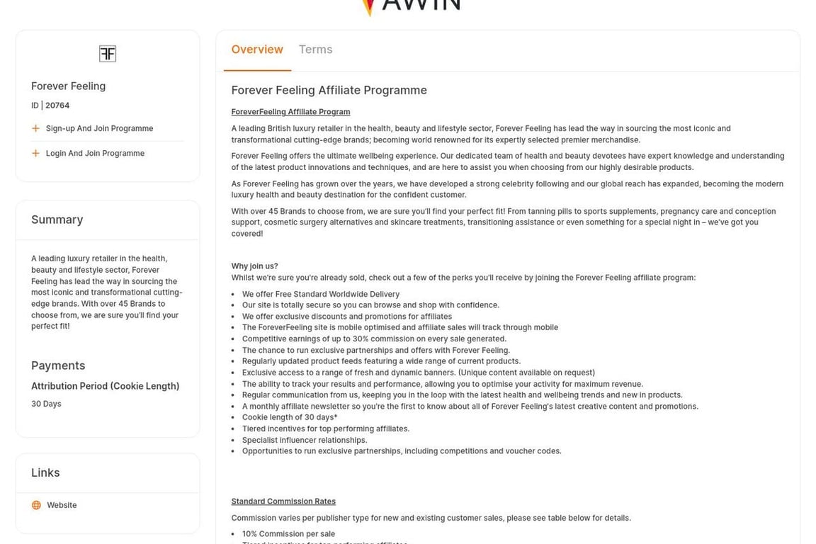 Forever Feeling affiliate program signup page