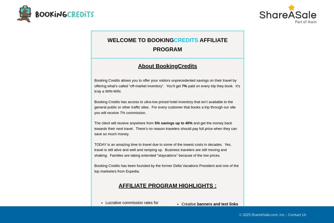 Bookingcredits.com affiliate program signup page