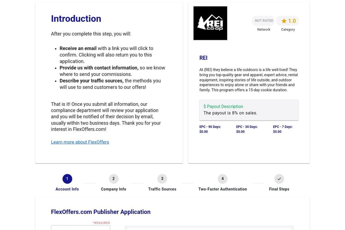 REI affiliate program signup page