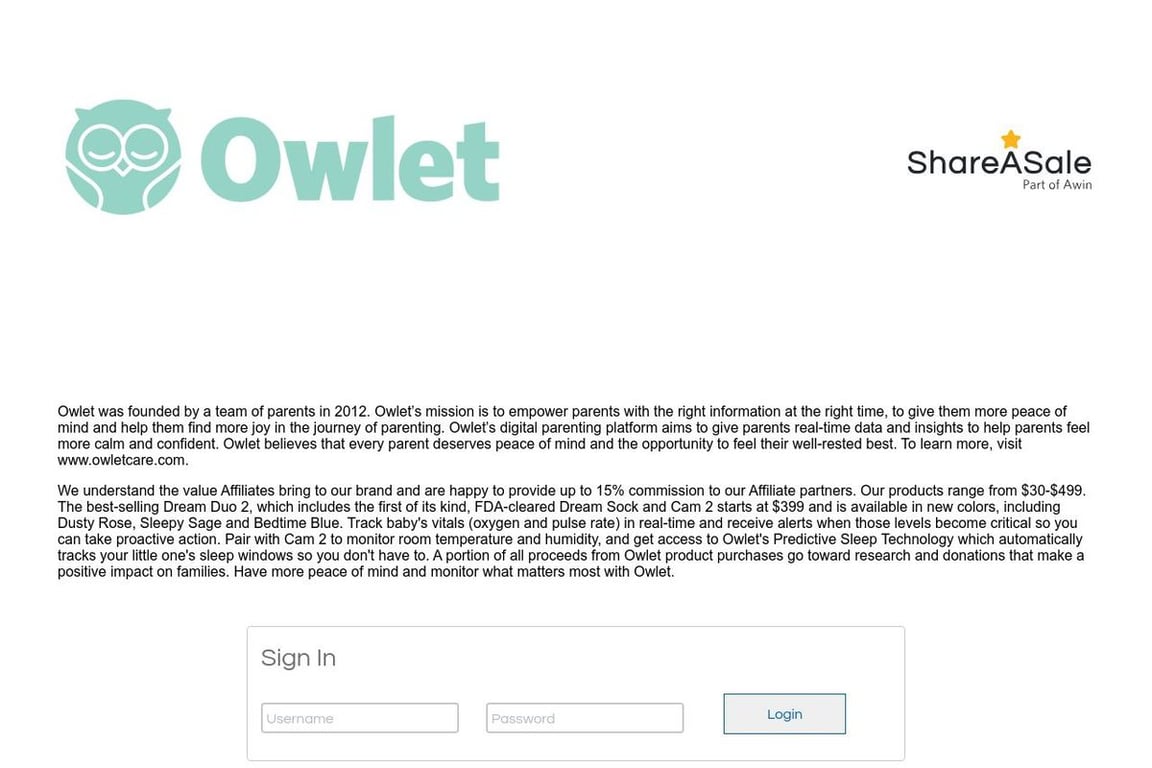 Owlet Baby Care Inc. affiliate program signup page