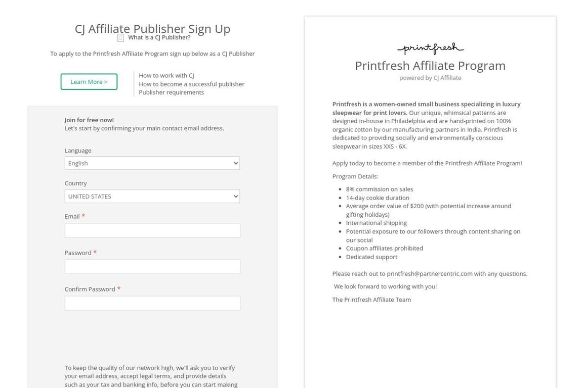 Printfresh affiliate program signup page