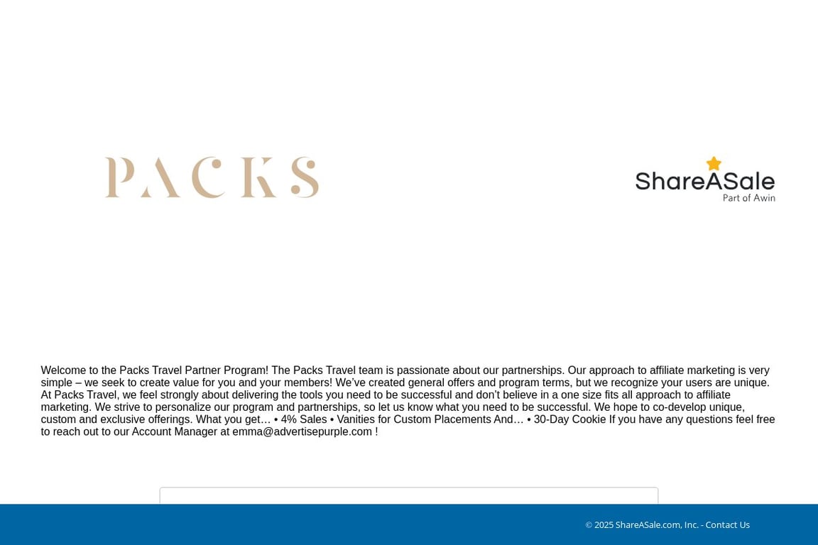 Packs Travel affiliate program signup page