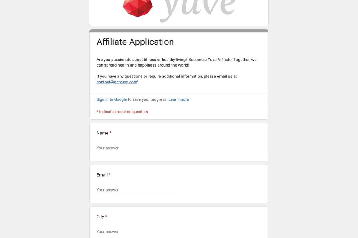 Yuve affiliate program signup page