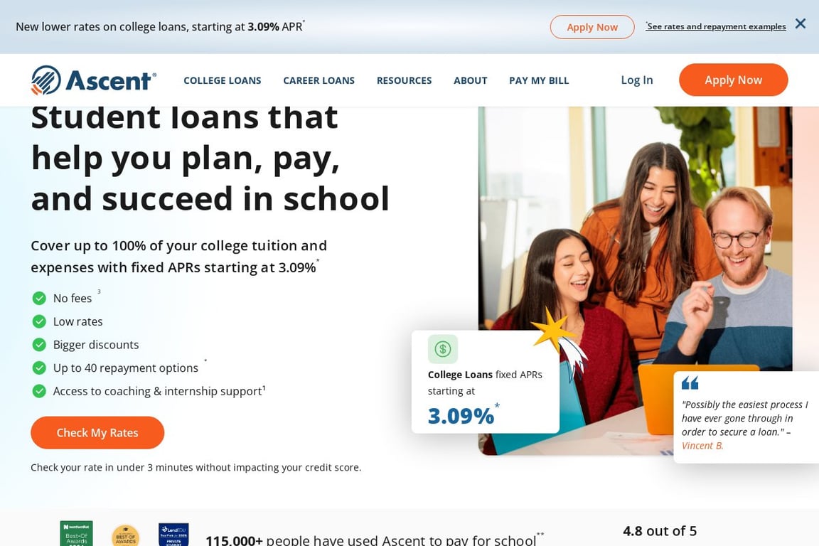 Ascent Student Loans homepage