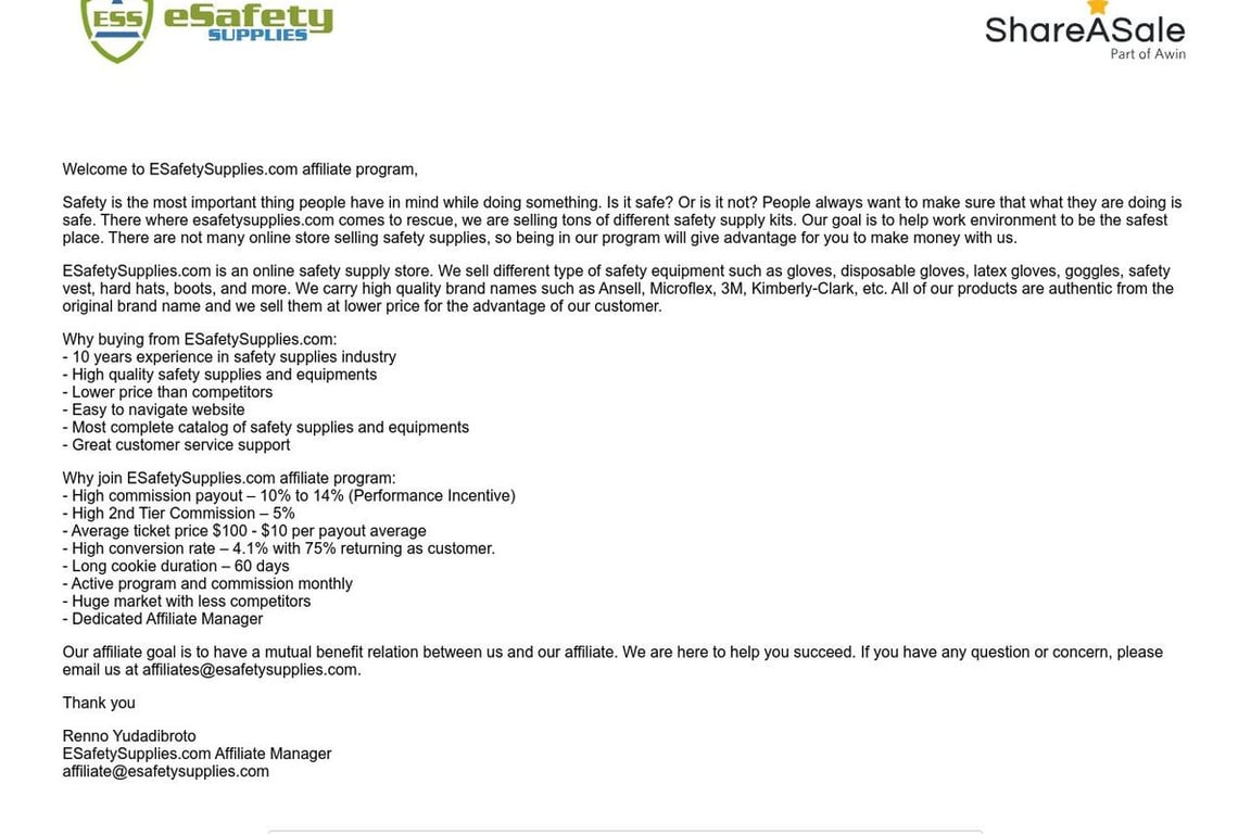 ESafety Supplies affiliate program signup page