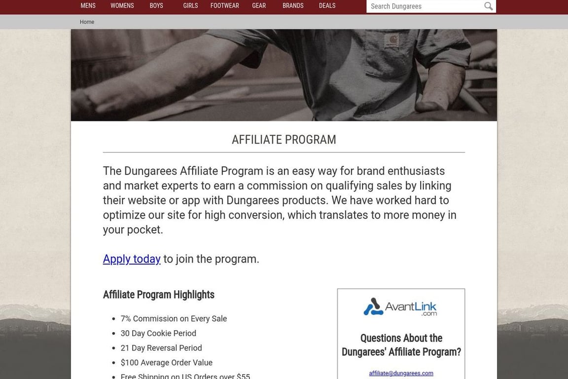 Dungarees affiliate program signup page