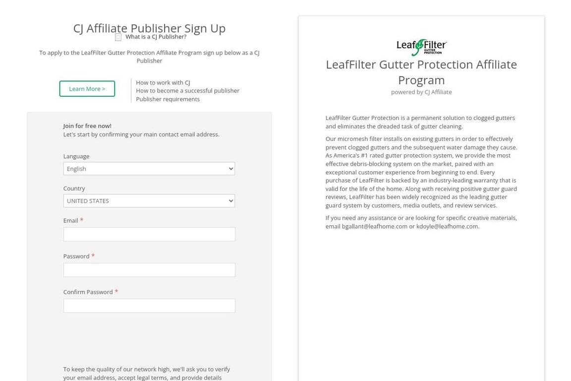 LeafFilter affiliate program signup page
