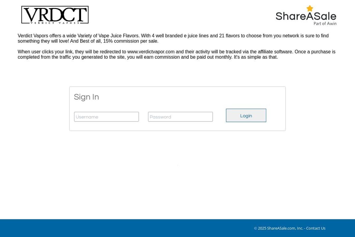 Verdict Vapors affiliate program signup page