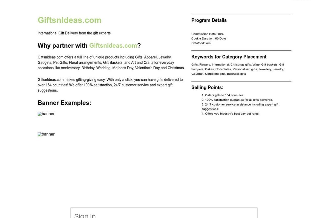 Gifts ‘n’ Ideas affiliate program signup page
