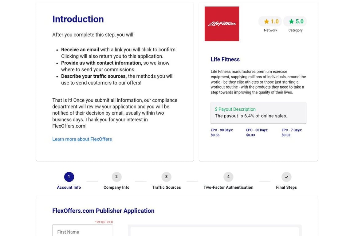 Life Fitness affiliate program signup page