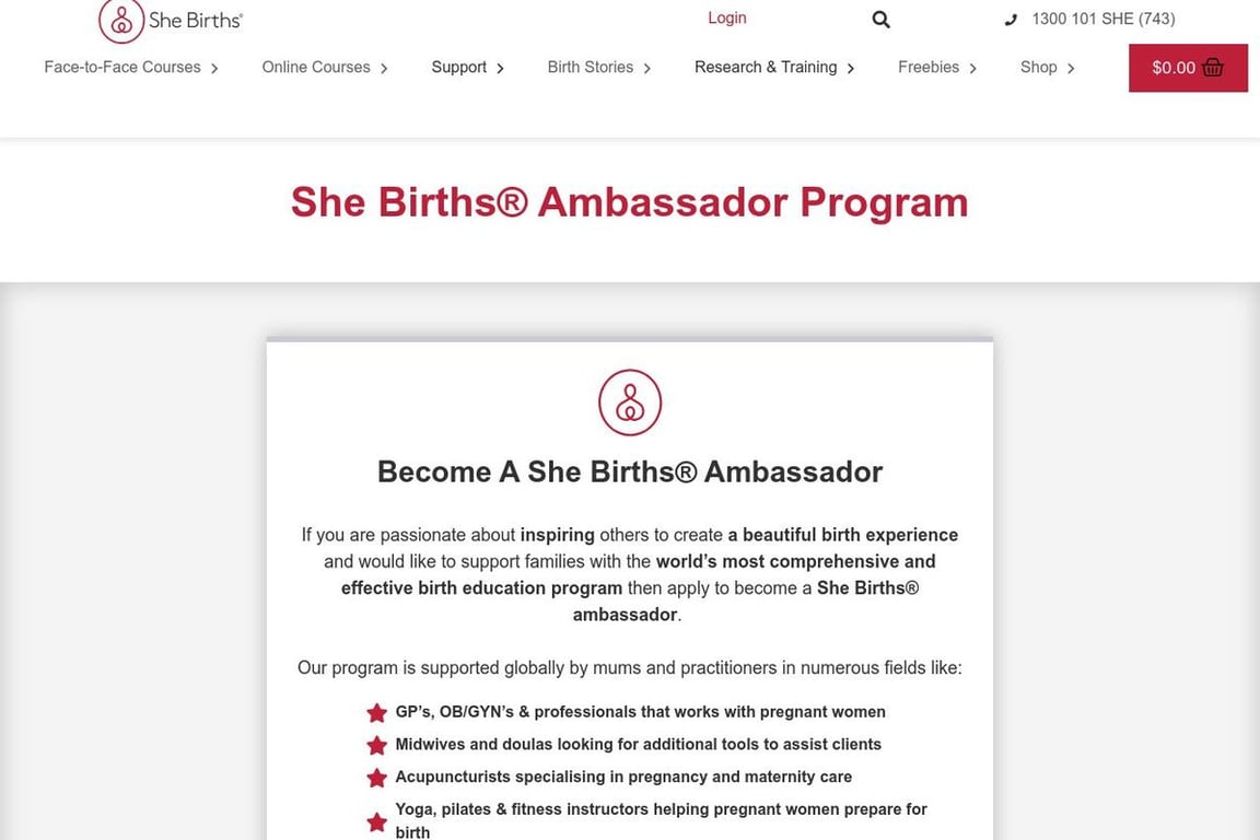 She Births affiliate program signup page