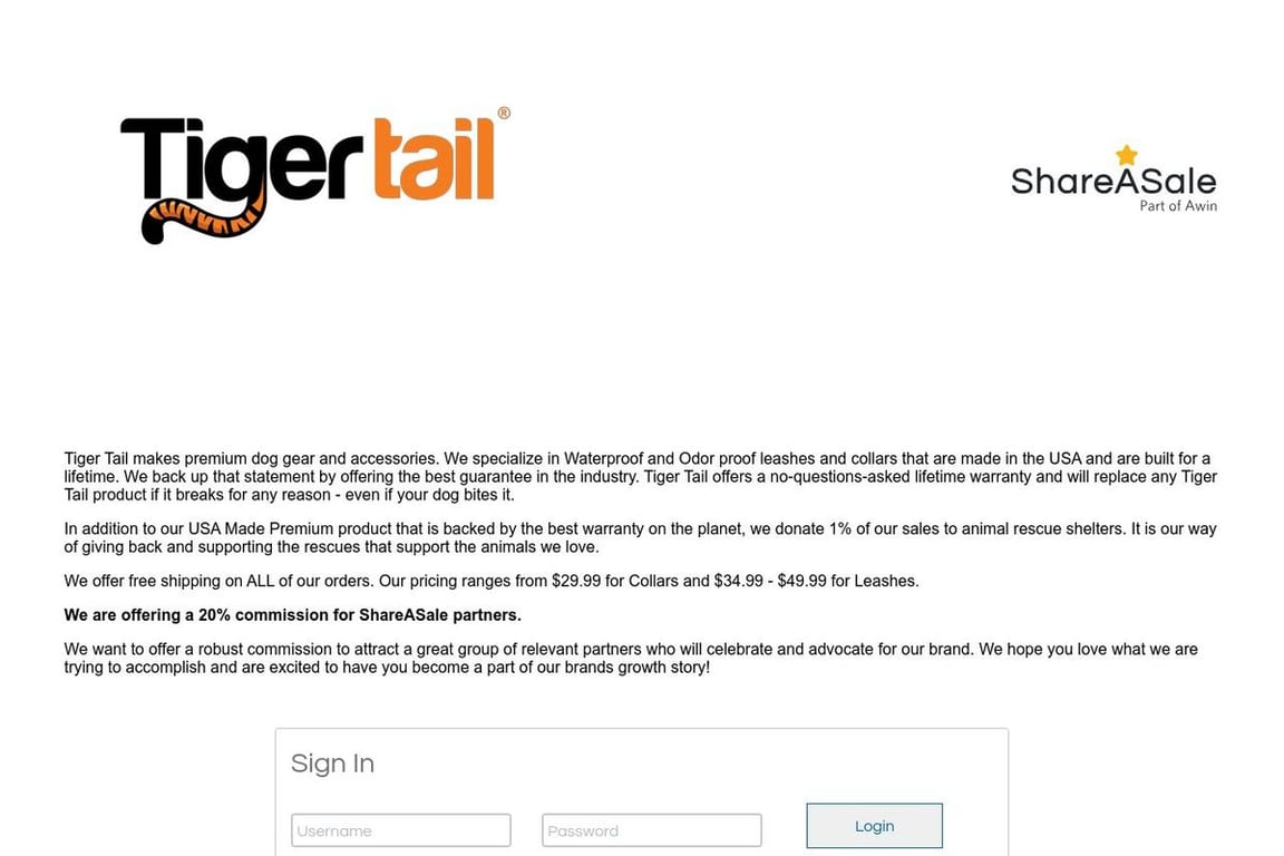 Tiger Tail LLC affiliate program signup page