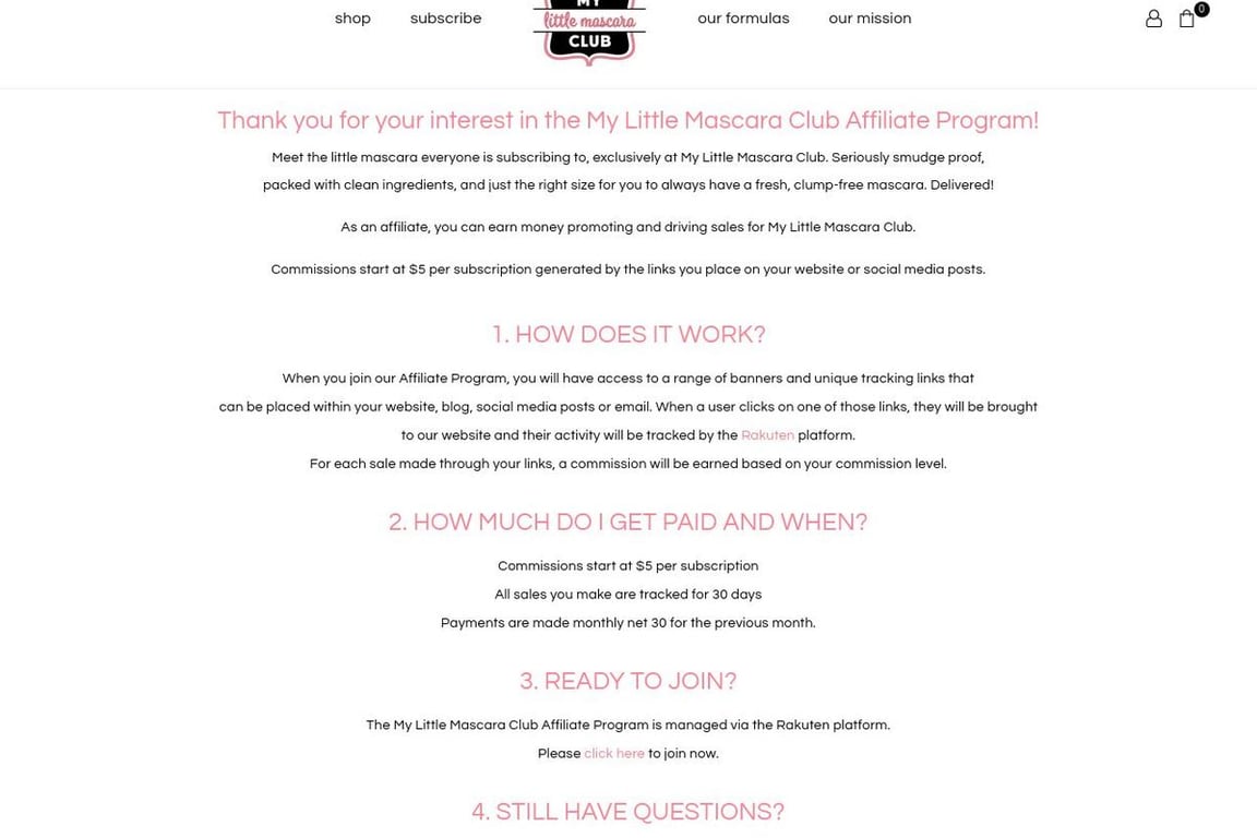 My Little Mascara Club affiliate program signup page
