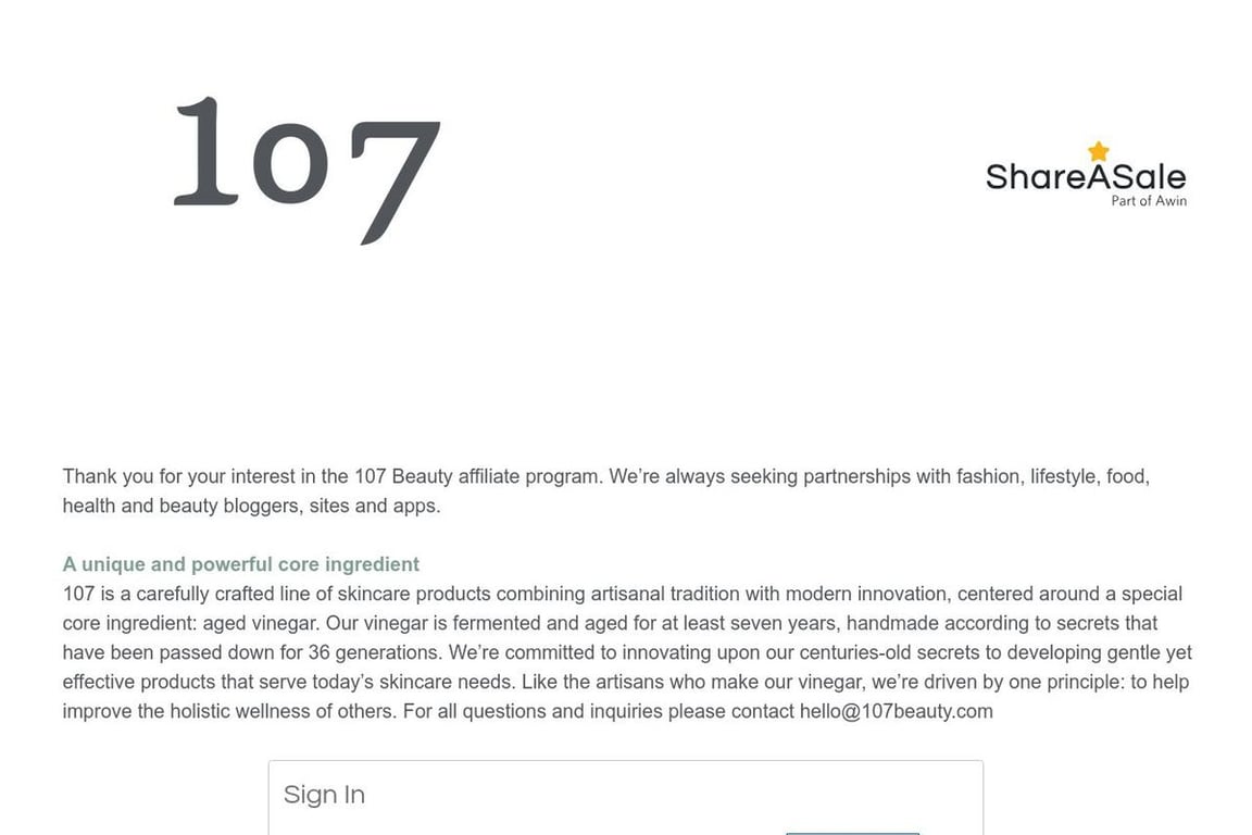 107 Beauty affiliate program signup page