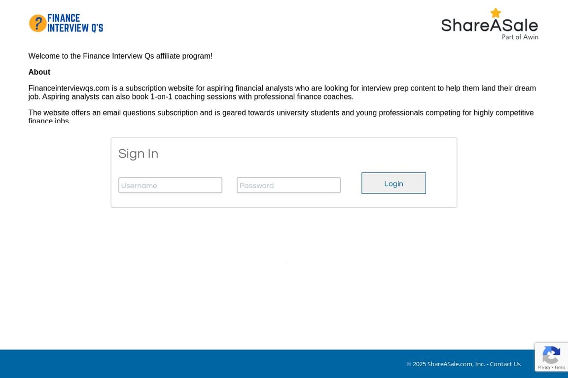 Finance Interview Qs affiliate program signup page