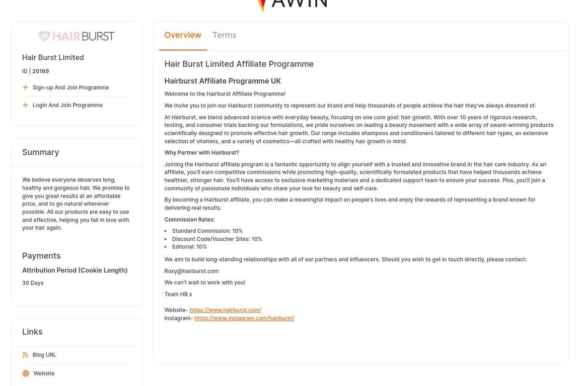 Hair Burst Limited affiliate program signup page