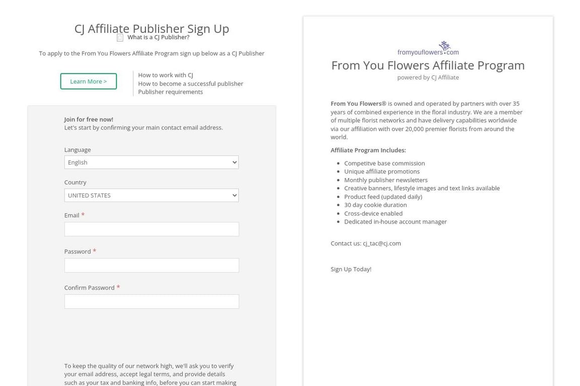 From You Flowers Preferred affiliate program signup page