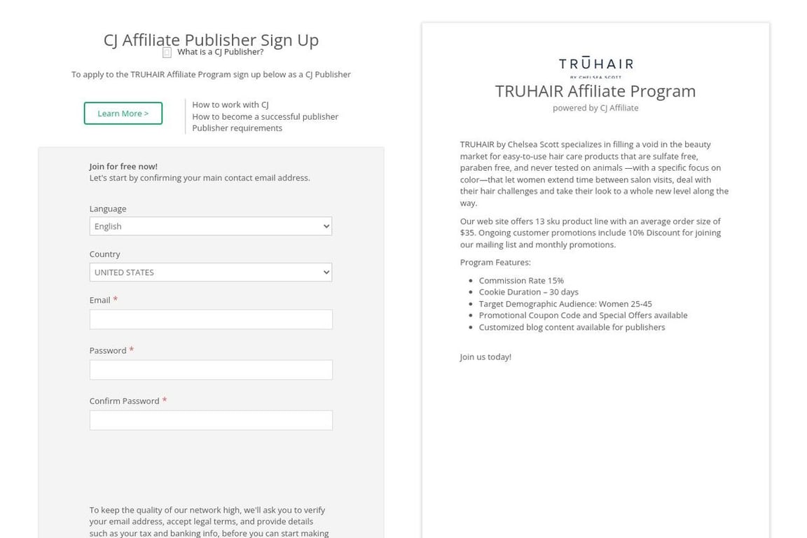TRUHAIR affiliate program signup page