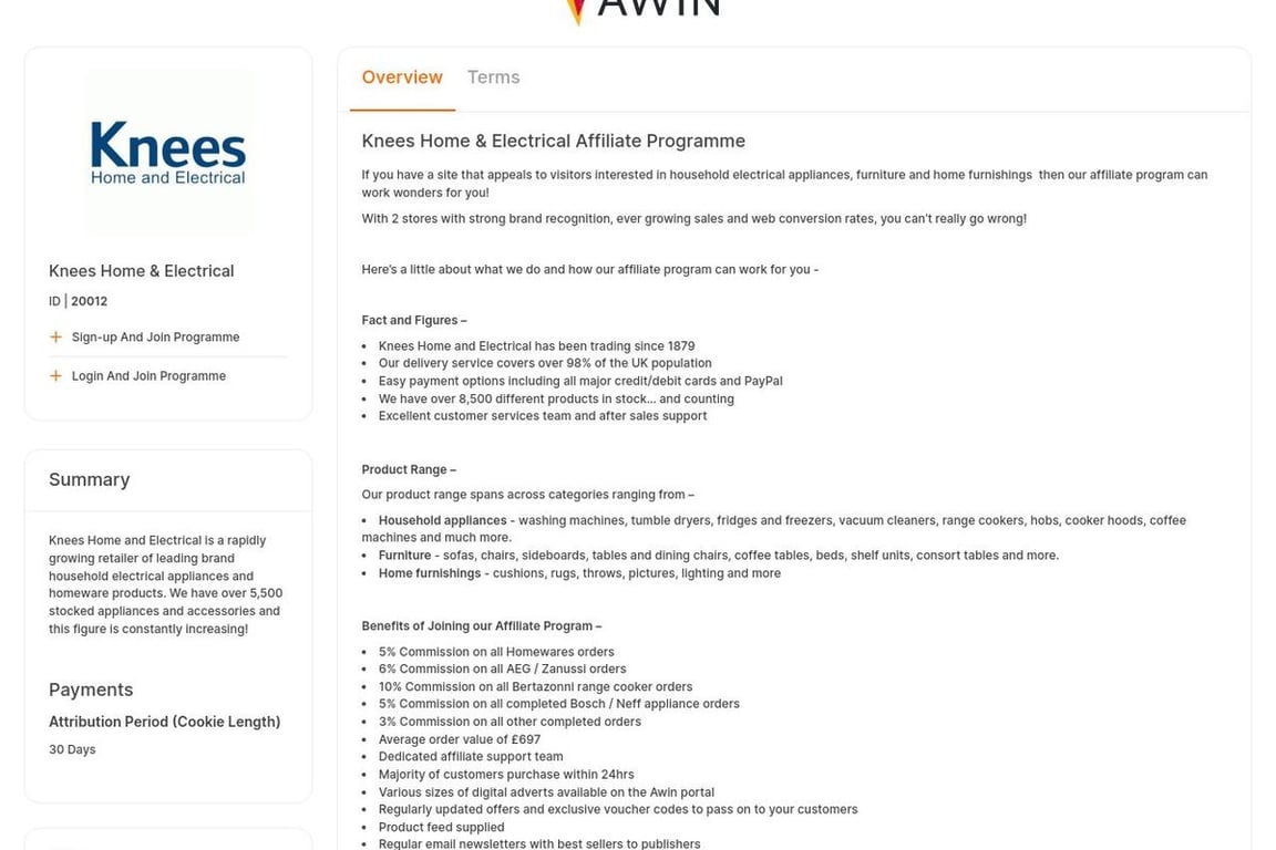 Knees Home & Electrical affiliate program signup page