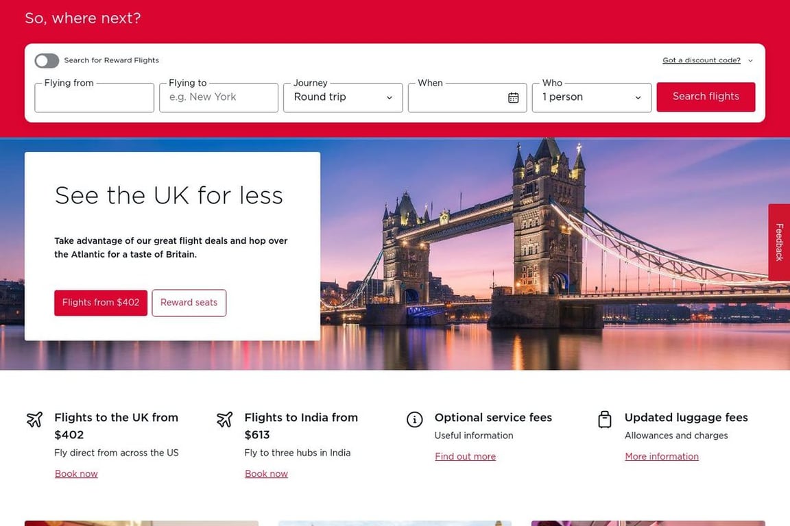 Virgin Atlantic Airways homepage