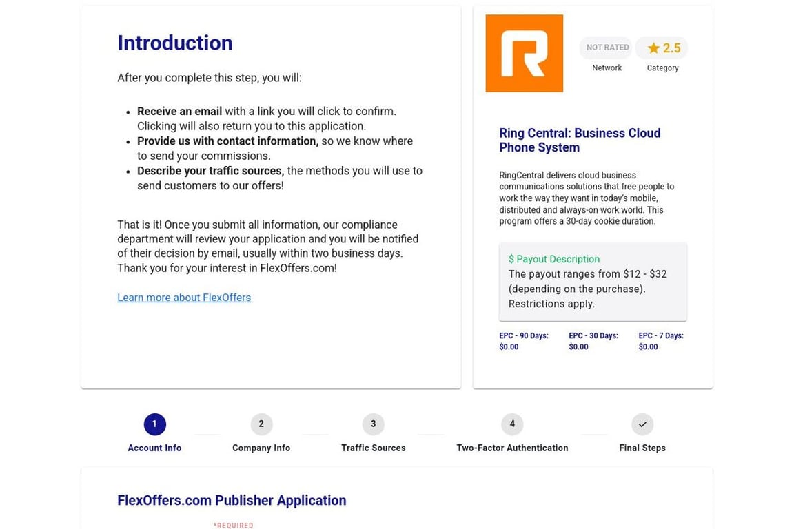 Ring Central: Business Cloud Phone System affiliate program signup page