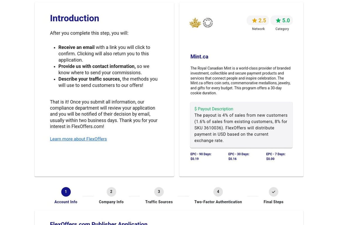 Mint.ca affiliate program signup page