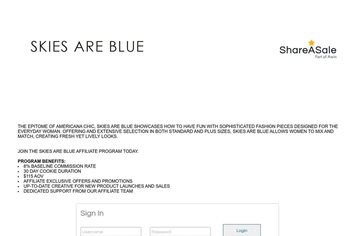 Skies Are Blue affiliate program signup page