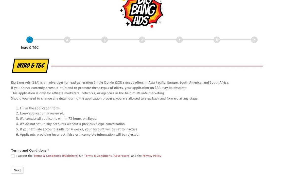 Big Bang Ads affiliate program signup page