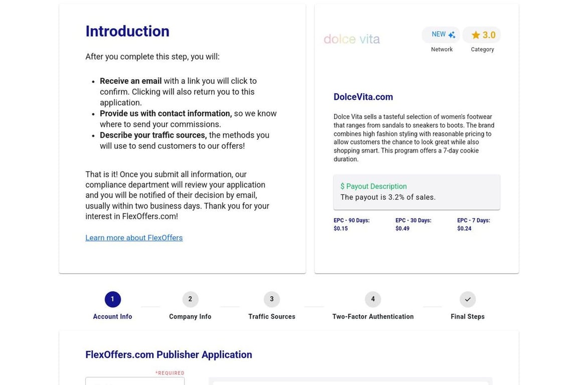 DolceVita.com affiliate program signup page