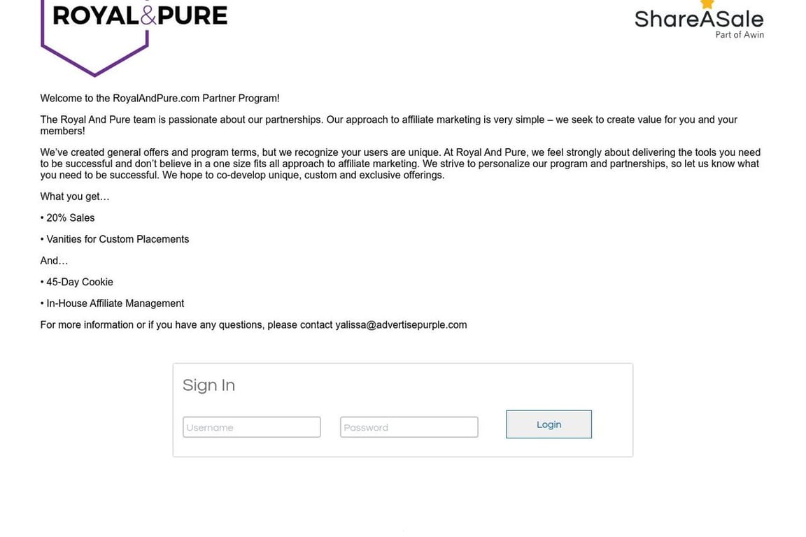 Royal & Pure Inc affiliate program signup page