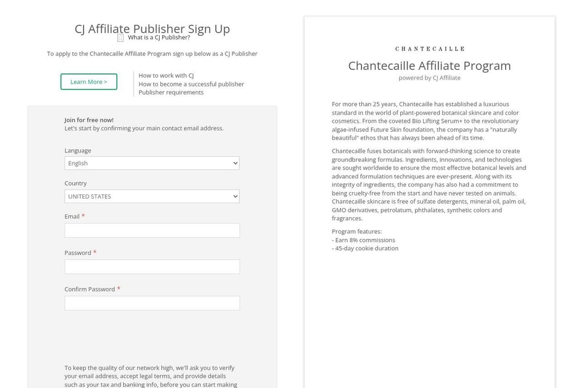 Chantecaille affiliate program signup page