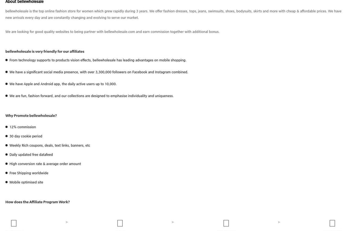 BelleWholesale affiliate program signup page