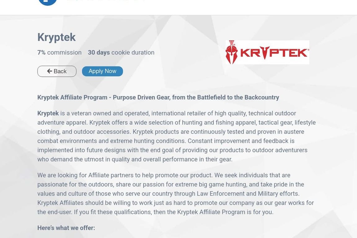Kryptek affiliate program signup page