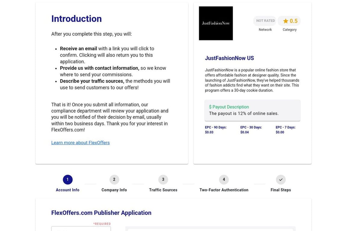 JustFashionNow US affiliate program signup page
