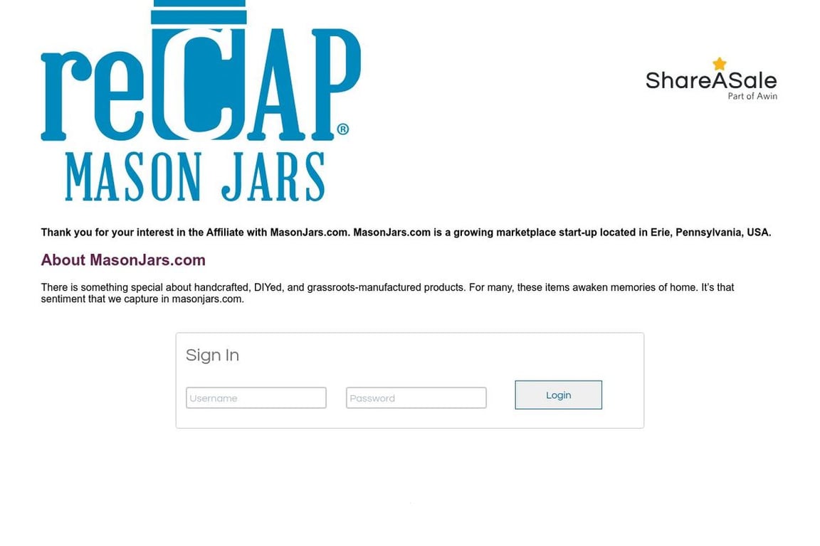 Mason Jars MakerPlace affiliate program signup page