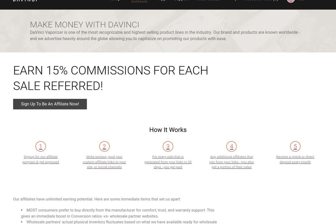 DaVinci Vaporizer affiliate program signup page