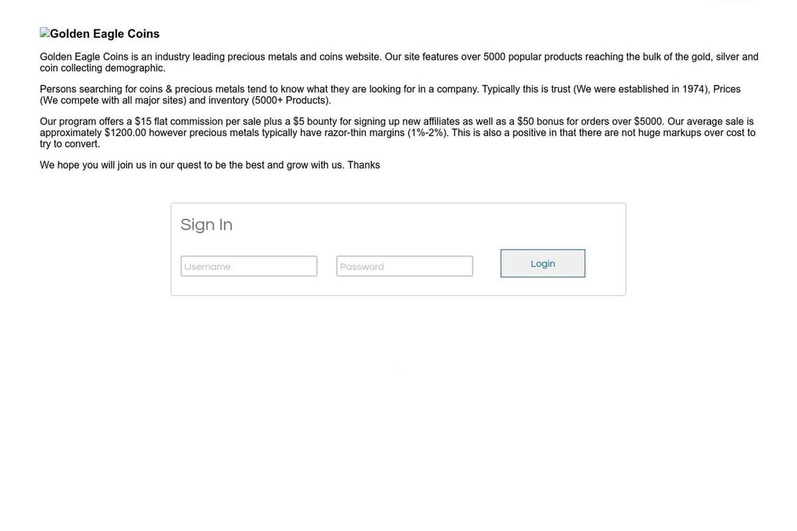 Golden Eagle Coins affiliate program signup page