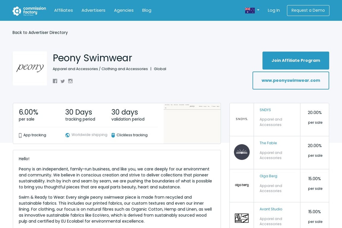 Peony Swimwear affiliate program signup page