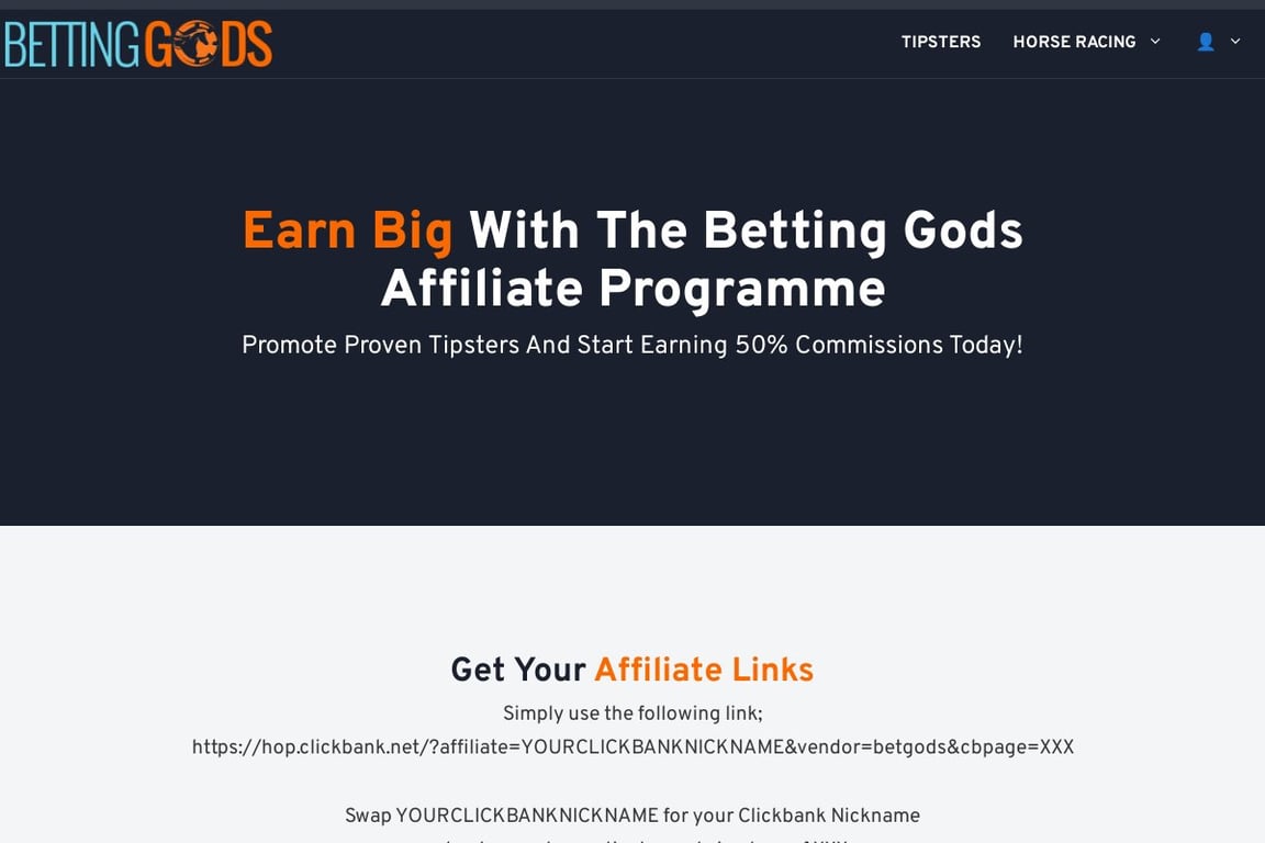 Betting Gods affiliate program signup page