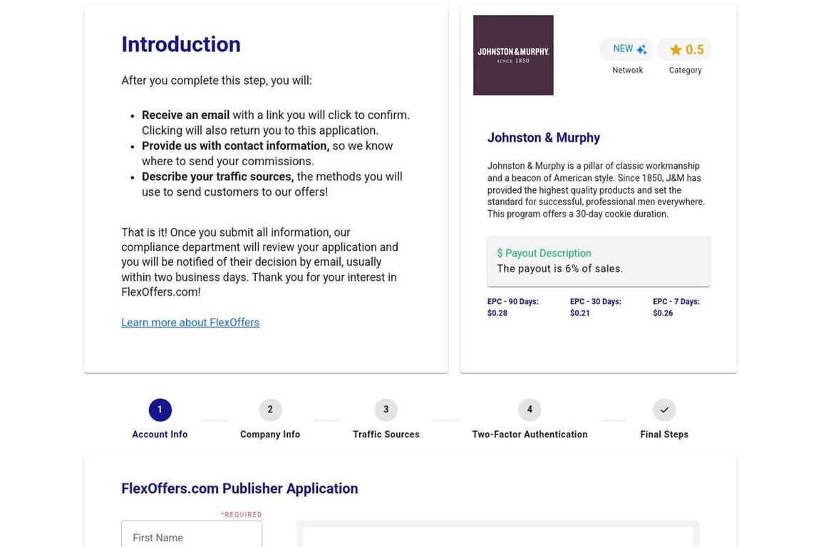 Johnston & Murphy affiliate program signup page