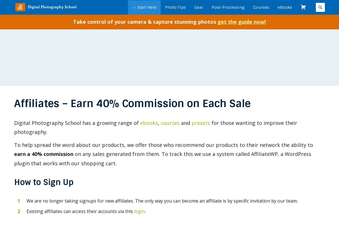 Digital Photography School affiliate program signup page