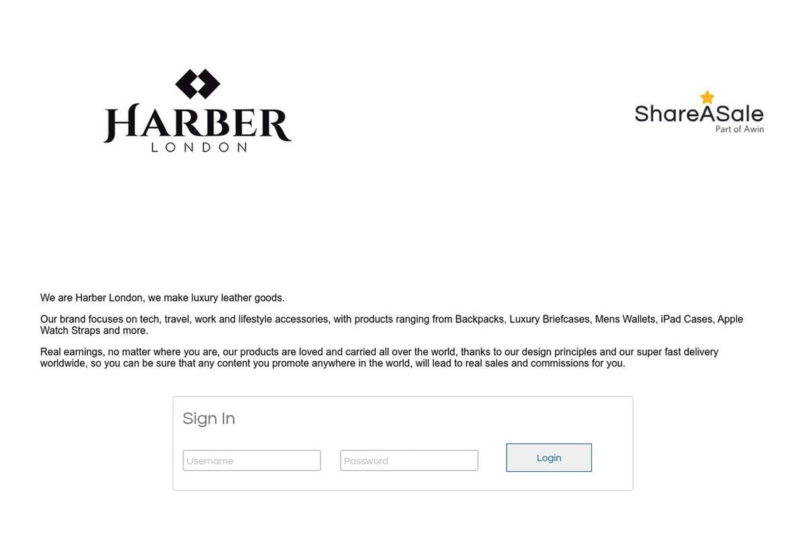 Harber London affiliate program signup page