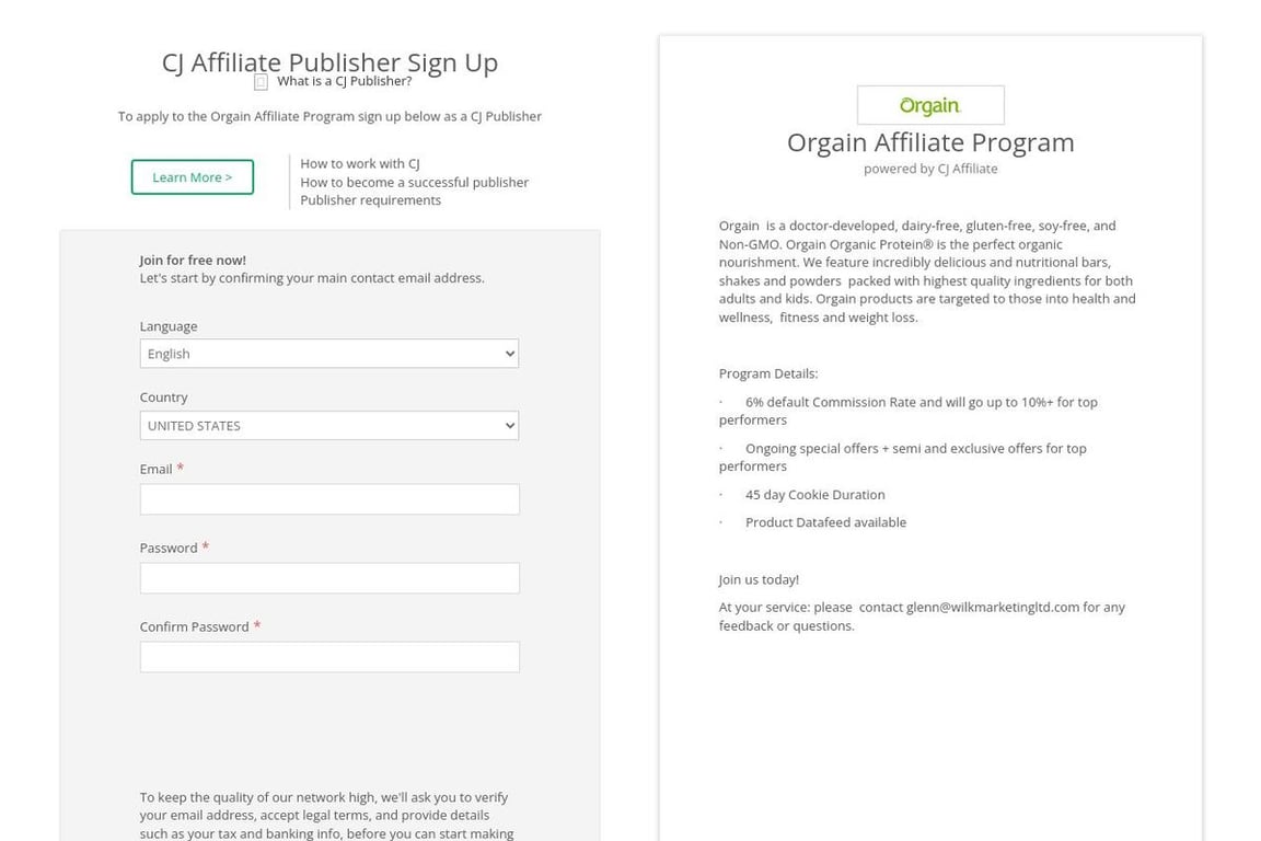 Orgain affiliate program signup page